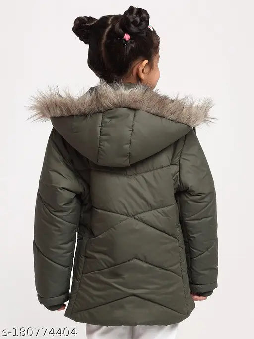 Olive polyester full sleeve parka fur jacket for girls aged 4-10, warm winter wear with solid pattern
