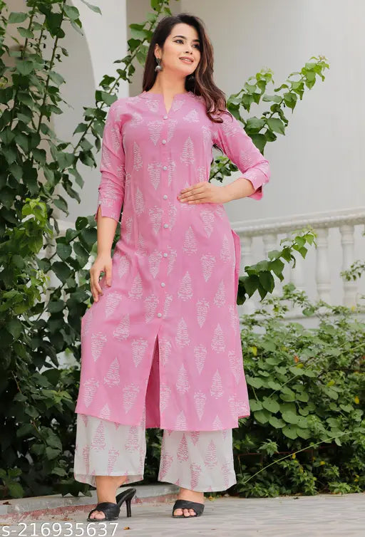 Rayon printed pink kurti Palazo set Kurta Set, three-quarter sleeves, Indian fashion on display