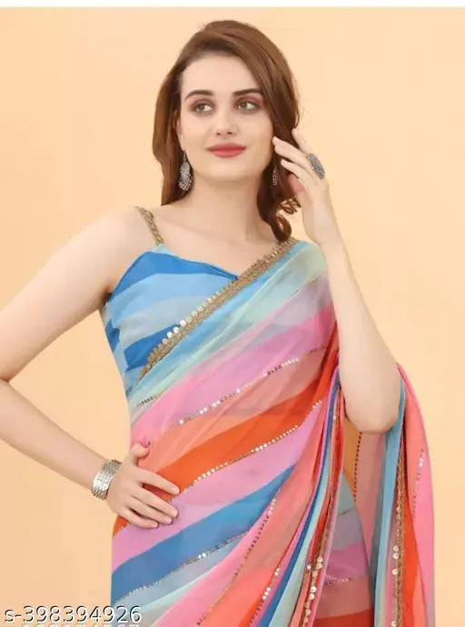 Rainbow lace and leheriya print Georgette saree for women, vibrant colorblocked net fabric, traditional-meets-trendy ethnic wear