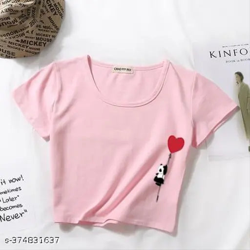 Women's funky print round neck short sleeves cotton blend crop T-shirt white, casual and stylish fashion for year-round wear