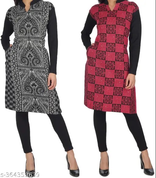Woolen printed combo of 2 women's long-sleeve kurtas from India