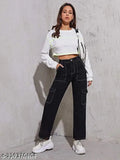 Relaxed fit, solid denim trousers for women by ZESHE MESHE, size 32 (waist 32in, length 38in), India-made classic straight leg jeans