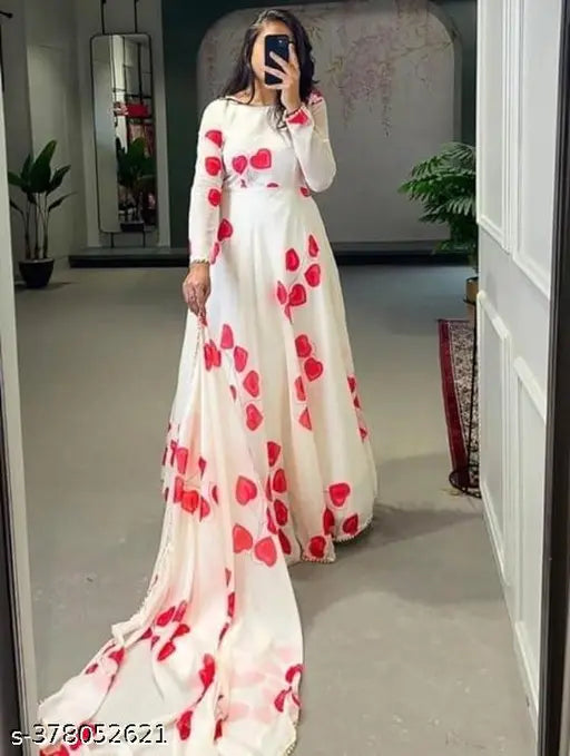 Georgette heart print maxi gown with Moti lace, faux material and long sleeves - Indian fashion, size M-XXXL