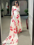 Georgette heart print maxi gown with Moti lace, faux material and long sleeves - Indian fashion, size M-XXXL