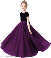 Girls stylish net sequin full length gown dress, embroidered ethnic style with short sleeves. Soft velvet upper part and net gathered bottom. Perfect for functions, size 5-16 years, made in India