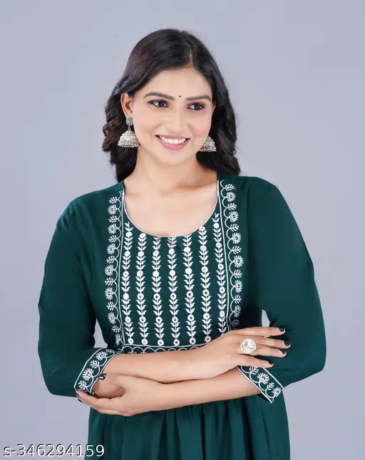 Rayon embroidered kurti with three-quarter sleeves, Indian traditional women's fashion