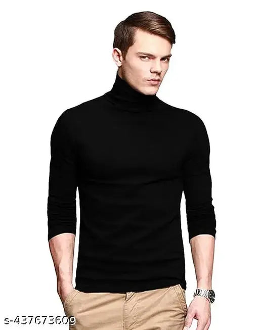 Black men's casual turtle neck or high neck full sleeves cotton T-shirt, solid pattern from GlamStore. Soft, comfortable fit for M (38in/27in), L (40in/28in), XL (42in/29in) sizes