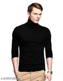 Black men's casual turtle neck or high neck full sleeves cotton T-shirt, solid pattern from GlamStore. Soft, comfortable fit for M (38in/27in), L (40in/28in), XL (42in/29in) sizes