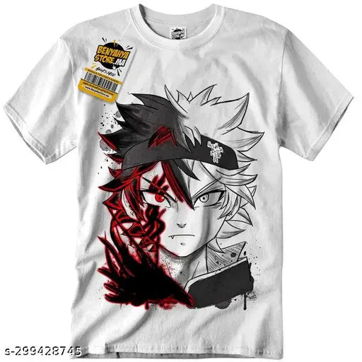 Black clover printed polyester unisex casual wear T-shirt (color-white) - high quality, comfortable fit, perfect for kids' outfits with jeans, capri, lower, or shorts. Made in India