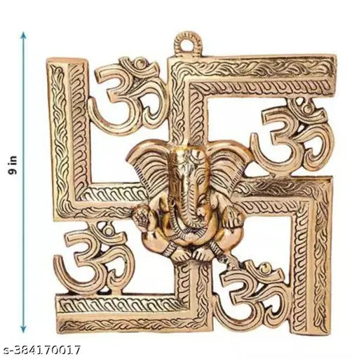 Brass antique wall hanging: Lord Ganesha on Om Swastik golden decor, perfect for home or office
