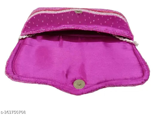 Fabric beaded clutch purse for women's parties, embroidered net design, free size (L9xW5in), India origin