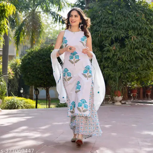 Cotton printed kurta set with dupatta and pants in various sizes, featuring vibrant Indian patterns, made in India