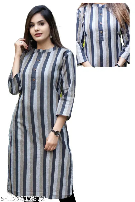 Blue striped cotton three-quarter sleeve Kurti, Indian long style quality checked M-XXXXL