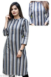 Blue striped cotton three-quarter sleeve Kurti, Indian long style quality checked M-XXXXL