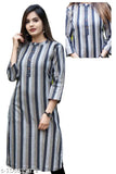 Blue striped cotton three-quarter sleeve Kurti, Indian long style quality checked M-XXXXL