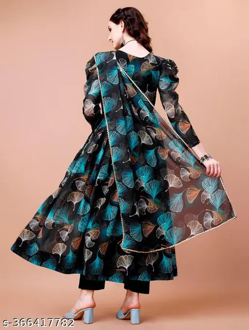 Georgette printed floral wedding gown with dupatta, long sleeves, multiple sizes available for parties or festivals