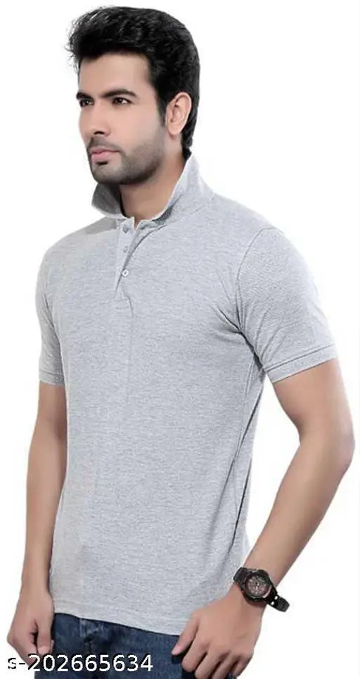 Grey yellow cotton blend polo neck t-shirt for men, solid design on display stand