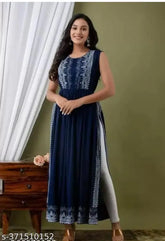 Rayon printed Nayara cut sleeveless dress, embroidered pattern on bust area. Women's size S-XXL. High-quality Indian clothing