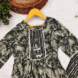 Sky blue printed cotton ethnic set for girls, A-line top with three-quarter sleeves and trousers bottom, India-origin traditional clothing