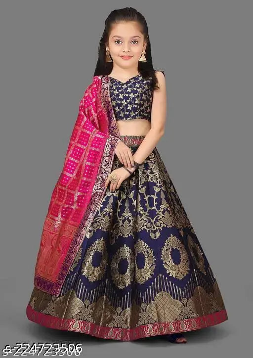 Silk & jacquard Banarasi lehenga choli set with dupatta, traditional Indian ethnic wear for girls aged 6-12 years