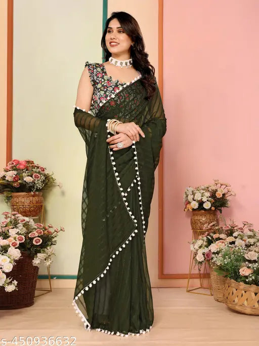 Georgette new saree with separate art silk blouse, solid pattern and printed net design, free size, India origin