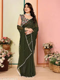 Georgette new saree with separate art silk blouse, solid pattern and printed net design, free size, India origin