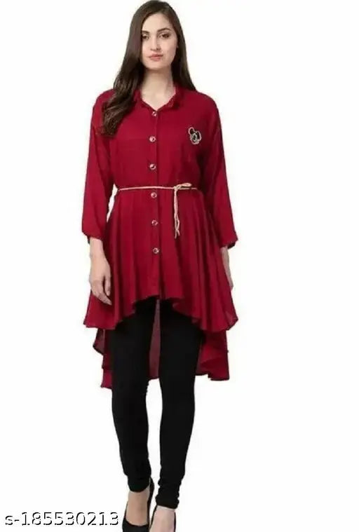 Maroon Chanderi Silk three-quarter sleeve casual kurti for women, solid-colored fashion attire on mannequin