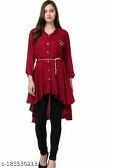 Maroon Chanderi Silk three-quarter sleeve casual kurti for women, solid-colored fashion attire on mannequin