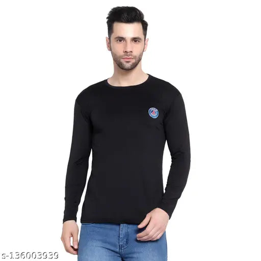 Black lycra long-sleeve printed dry-fit t-shirt for sports and gym, fast-dry technology with round collar, machine washable