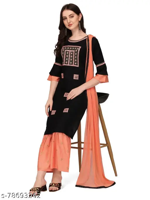 Adrika Petite Women's Rayon Dupatta Sets with Sharara bottomwear - Embroidered net dupatta, three-quarter sleeves, available in M, L, XL, and XXL sizes