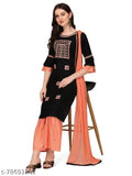 Adrika Petite Women's Rayon Dupatta Sets with Sharara bottomwear - Embroidered net dupatta, three-quarter sleeves, available in M, L, XL, and XXL sizes