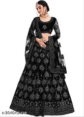Embroidered net Lehenga Choli and Dupatta set, traditional Indian outfit for women with free-size semi-stitched options, perfect for weddings and celebrations