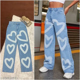 Sky blue denim wide leg jeans with a big heart print, vintage style and flared silhouette for casual wear or fashionable denim trousers. Made in India