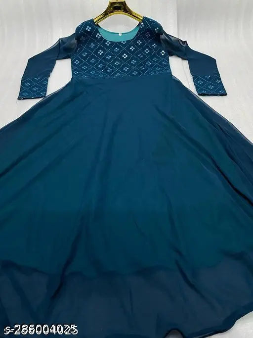 Georgette embroidered party dress, heavy fox georgette with mirror work, long sleeves, solid color, micro cotton lining, 54 inch length, Indian origin
