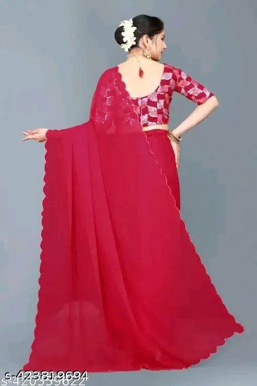 Designer georgette aari work border saree with sequin blouse, solid-colored georgette saree adorned with intricate aari work and sequins