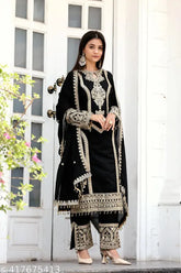 Budget-friendly party wear, printed net pure Chinnon silk suit with long sleeves and dupatta, India origin