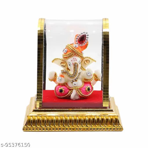 Acrylic glass Lord Ganesh idol, multi-colored figurine showpiece with plastic frame box, ideal for car dashboard or home decoration