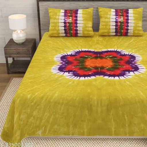 Jaipuri Hand Made Tie & Dye Cotton King Size Bedsheet with 2 Stitched Pillow Covers - Botanical pattern, premium quality cotton, ideal for adults, double king size, Qadri Impex