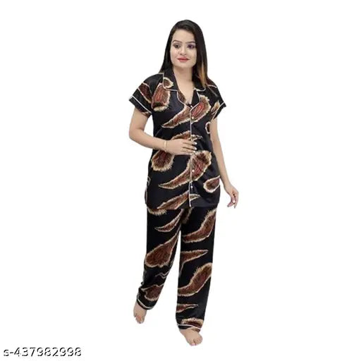 High-quality satin printed black night suit set for women & girls, featuring short sleeves and stylish print design on display