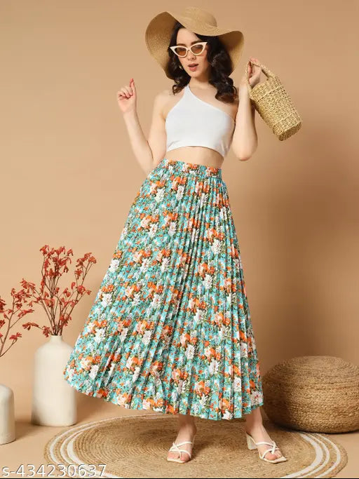 Floral pleated maxi skirt, printed net crepe, western wear for women, vibrant floral pattern, stylish new design