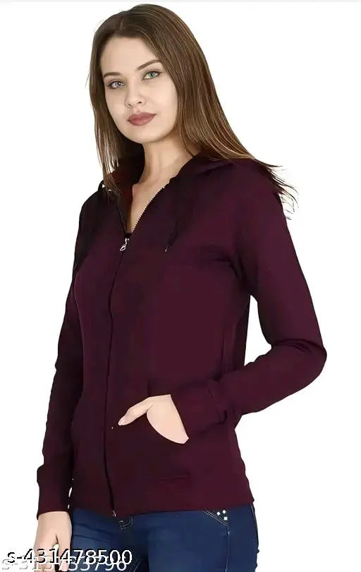 Stylish long fleece hood jacket, women's grey cotton zipper sweatshirt for winter days