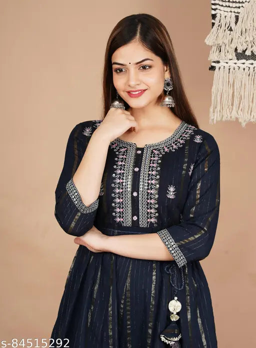 Blue cotton blend embroidered Anarkali Kurta with gotta lace border, three-quarter sleeves. Traditional women's fashion for functions, festivals, parties, and weddings from PAAWNI, India