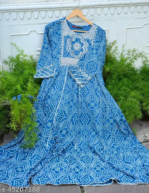 Blue rayon embroidered Anarkali kurti with three-quarter sleeves, intricate design on India-made traditional clothing