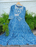 Blue rayon embroidered Anarkali kurti with three-quarter sleeves, intricate design on India-made traditional clothing