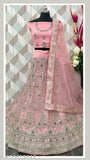 Heavy pink net embroidered lehenga choli set with semi-stitched blouse and dupatta, perfect for festive occasions - Indian designer ethnic wear for women