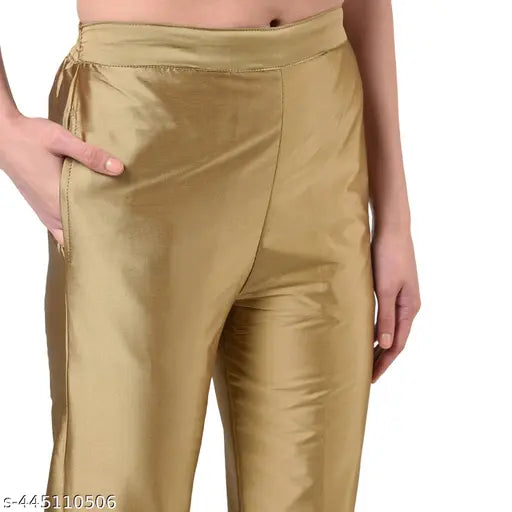 Gold Silk Trousers for Women, Solid Pattern, Blend Fabric, Partywear, India