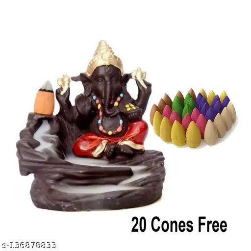 Ashi Enterprises Smoke Ganesha Backflow incense burner with 20 free cones (India), multicolor polyresin Ganesh figure for home decor or gifts