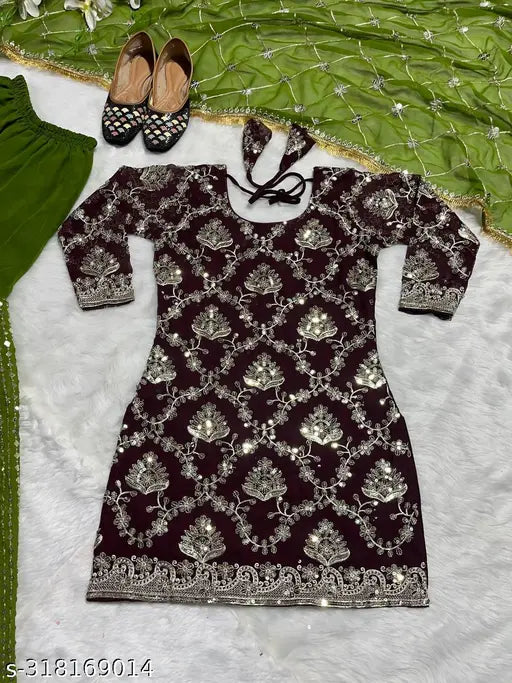 Georgette party wear dhoti salwar suit with embroidered 5mm sequence work, fully stitched and sleeveless. Includes top, sharara palazzo, and dupatta. Indian-made." (124 characters)