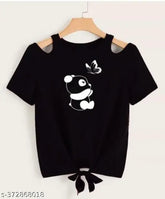 Black Lycra crop top with panda and butterfly print on women's shoulders