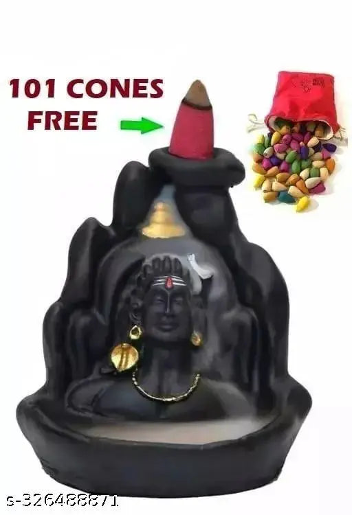 Handcrafted black Adi Shankara resin figurine of Lord Adiyogi with incense holder, featuring 101 backflow scented cones